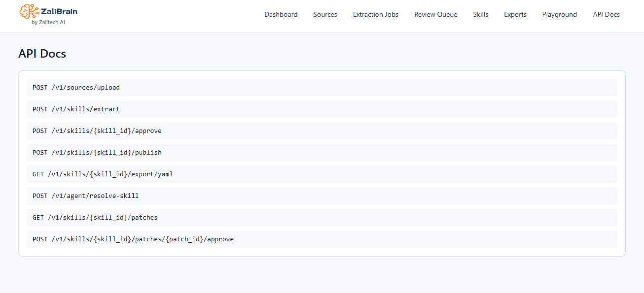 ZaliBrain API documentation product screenshot by ZaliTech AI