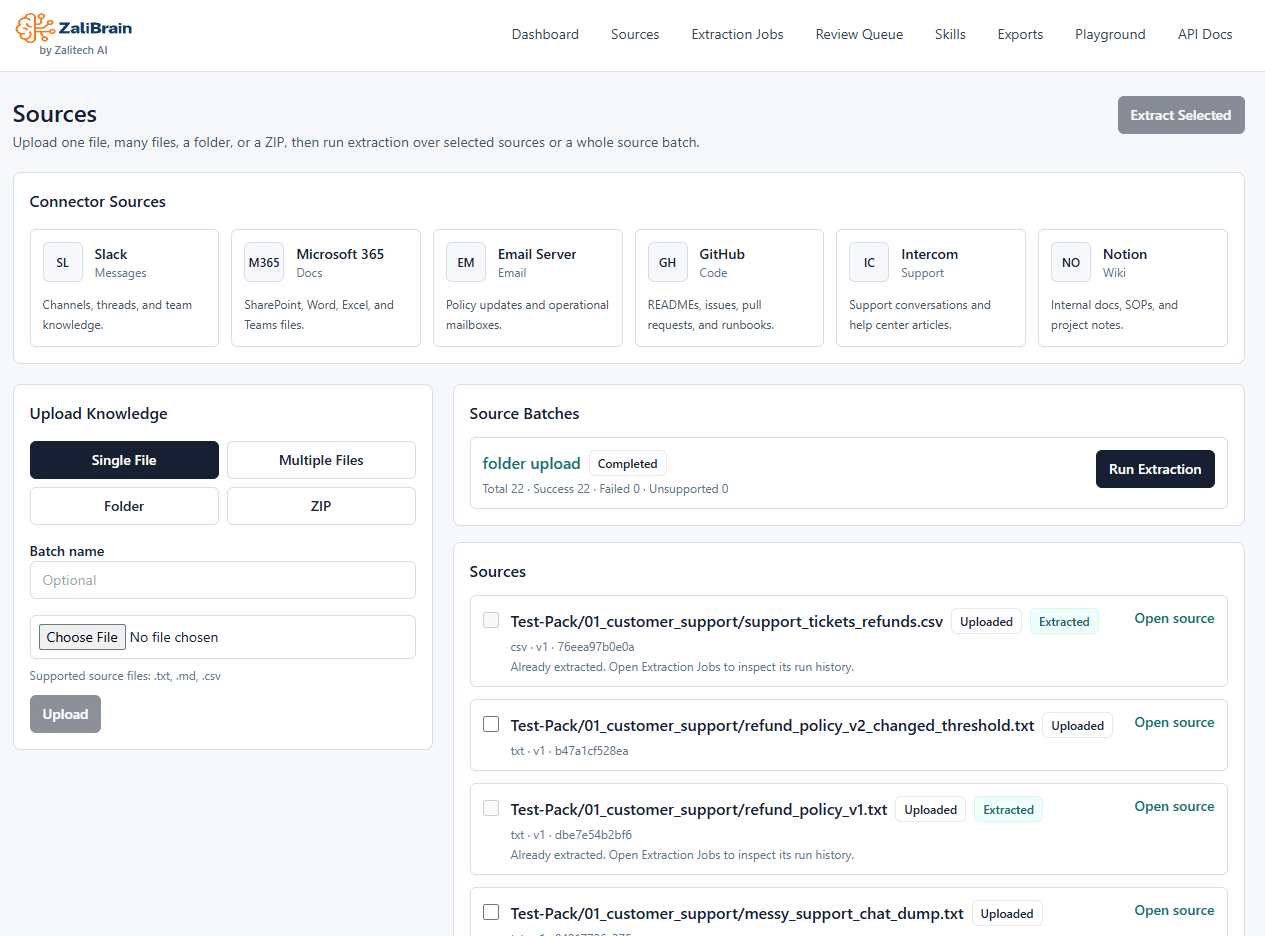 ZaliBrain Knowledge sources product screenshot by ZaliTech AI