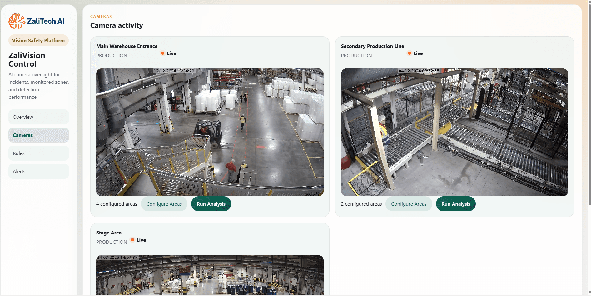 ZaliVision Live Camera Wall dashboard screenshot by ZaliTech AI
