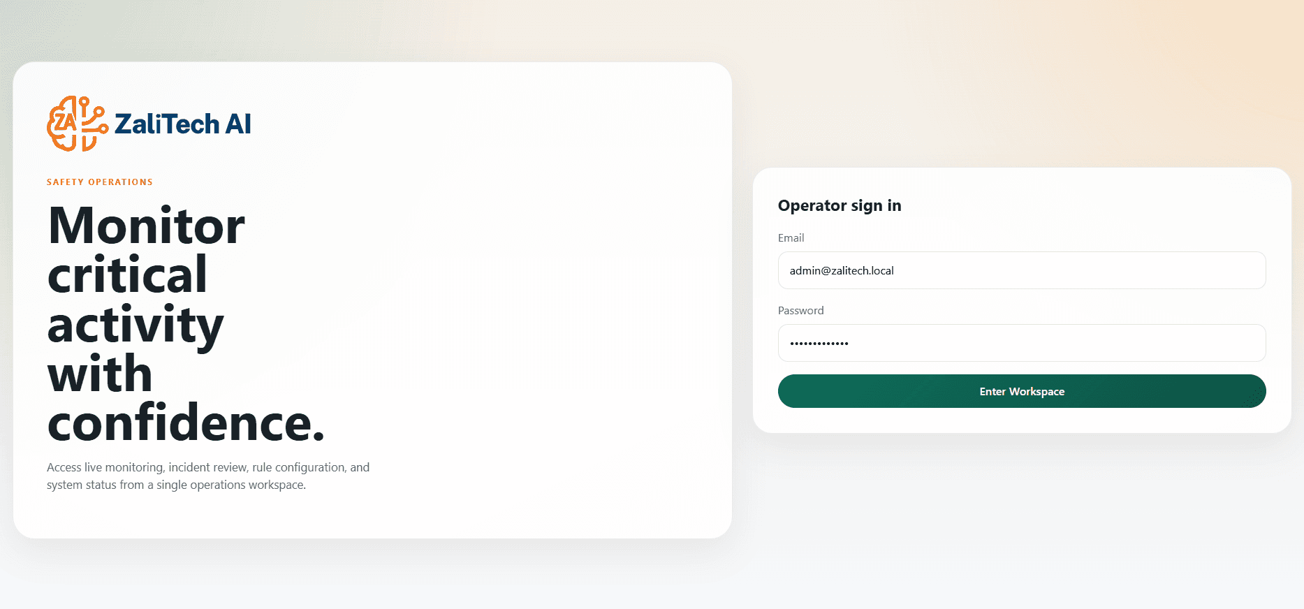 ZaliVision Login / Operator Workspace dashboard screenshot by ZaliTech AI